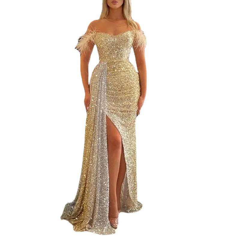 Big Sales Formal Party Long Casual Evening Dress With Split Bridesmaid Gold Color Gowns Dresses