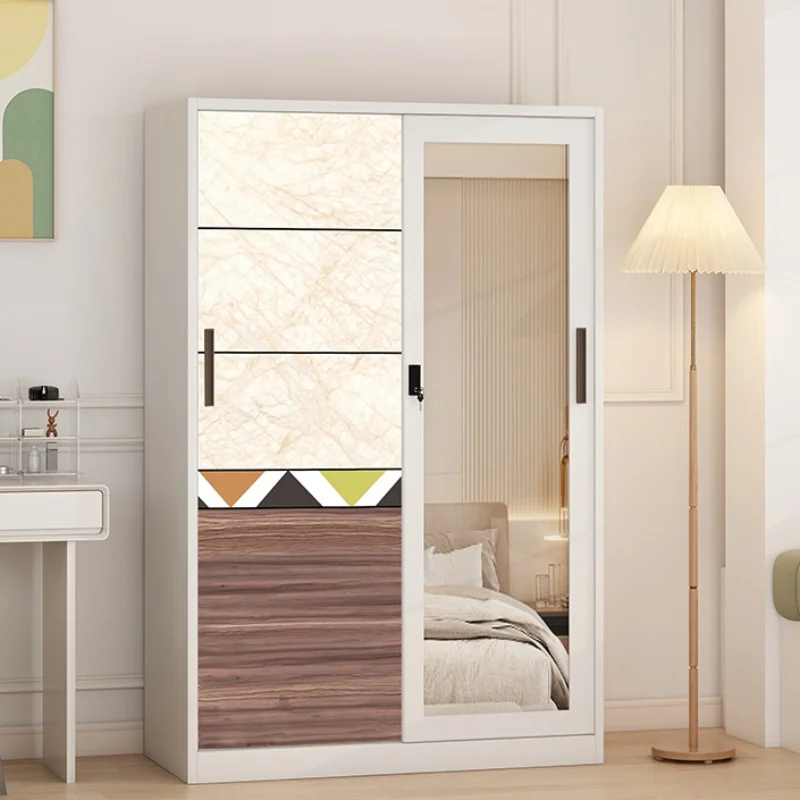 2 Door Mirror Modern Armoire Steel Printed Wardrobe with Sliding Door for Clothes Organizer