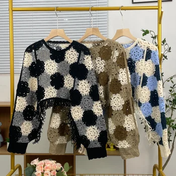 Spring 2023 New Ladies Casual Sweater Tops Rib Pattern Pullover with round Collar Crochet Flower Empty Fringe Knitted Fabric
