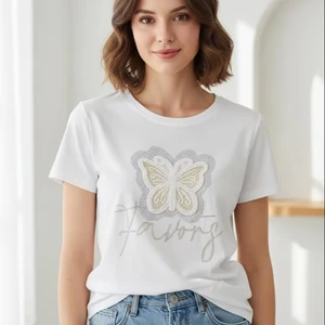 LYG ODM OEM New Design Rhinestone Sleeve Women's T-shirt Cotton Tshirt for Women Casual t Shirt for Women Ladies Ropa De Mujer