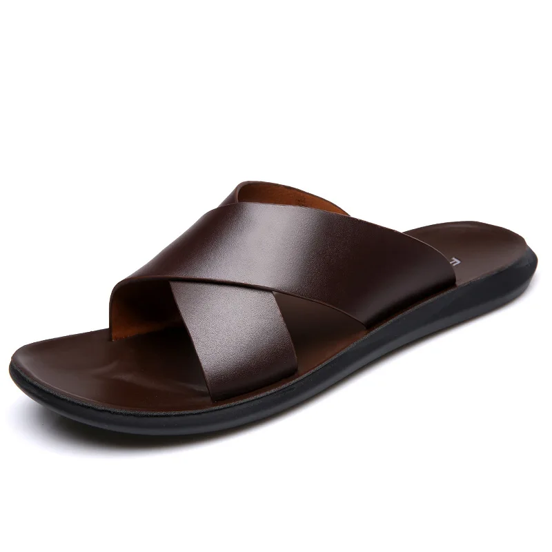 New Styles Men Summer Fashion Genuine Leather Sandals Comfortable Lightweight Cross Strap Slip on Beach Slide Sandals Shoes