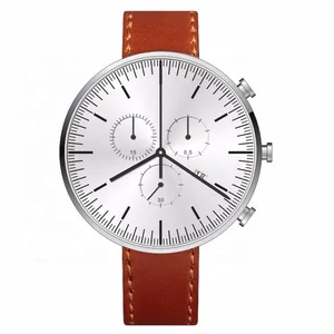 Men's Fashion Triple Register Chronograph 316L Steel Lug-less Wrist Watches MIYOTA Movement Pressed Bezel Leather Strap