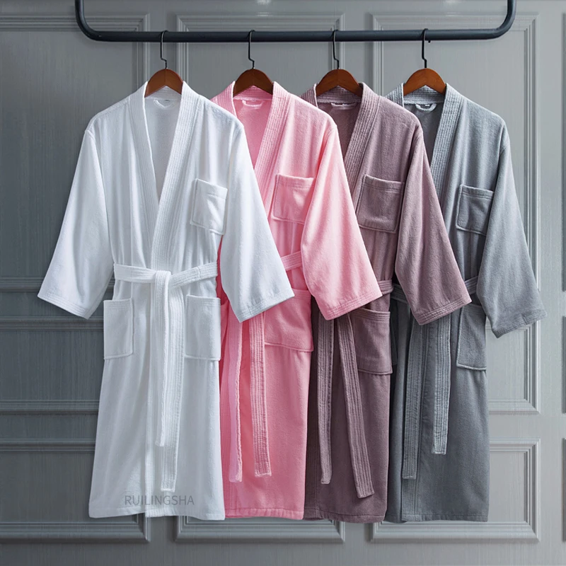 100% Cotton Long Absorbent Terry Bath Robe Kimono Men Sleepwear Dressing Luxury Gown Lightweight Waffle Towel Bathrobe Women details