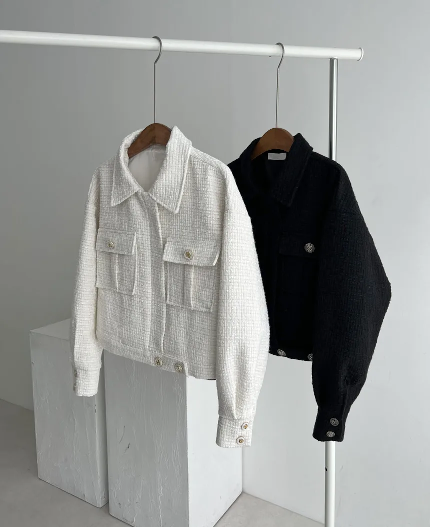 2024 Autumn New Item Lapel Double Pocket Loose and Versatile Long Sleeved Zipper Coarse Woolen Women's Coat_voghion.com