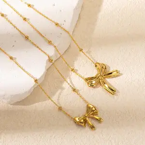 Pendant Necklace Promotional Street Glossy Bows Jewelry Vintage Dazzling Easter Stainless Steel Breast Pendant Necklace