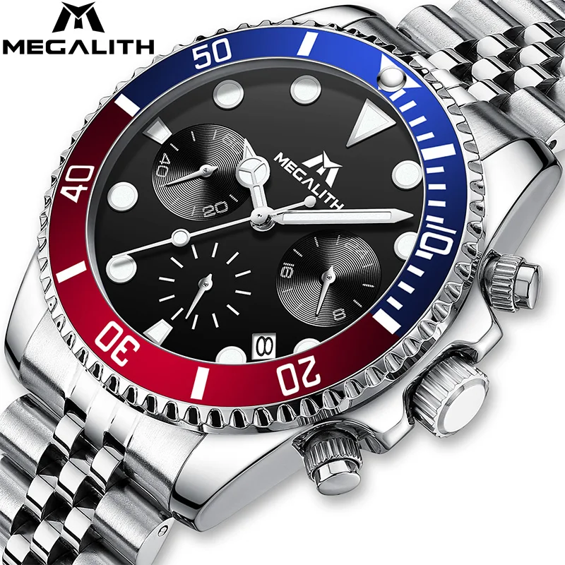 MEGALITH 8239 Business Stainless Steel Watch Calendar Luxury Design 3ATM Waterproof