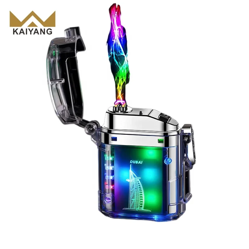 2024 Innovative Transparent Case Cool LED Flashlight Waterproof Dual Arc Cigarette Lighter in Dubai