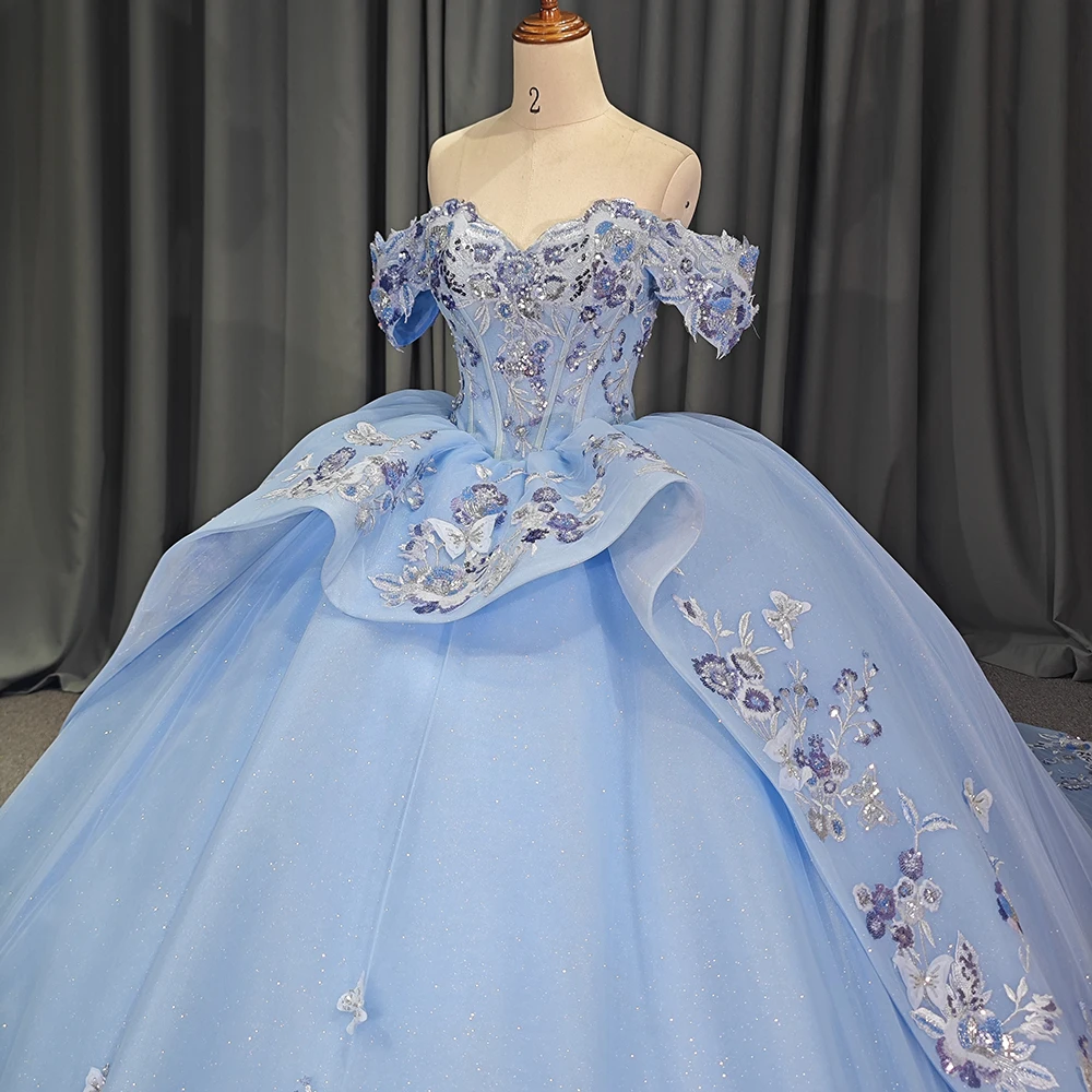 Blue Sweet 16 Birthday Party Dress Maxi off the Shoulder Ball Gown