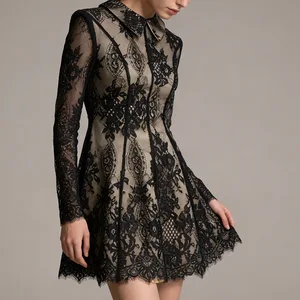 New Stock Arrival Vintage Shirt Collar Long Sleeve Sheer Lace Short A-line Dress for Daily