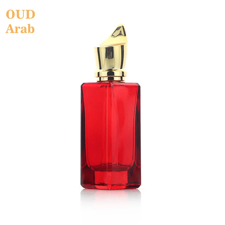 Exclusive Arabic Oud Parfum Flacon Custom Red Colored Bottle Perfume 50ml  With Gold Leaf Lid for Fragrance