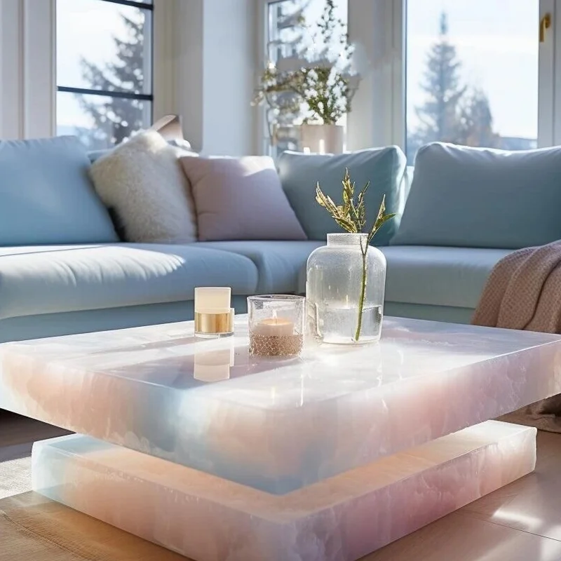 Modernt elegant onyx-marmor-kaffebord med skinende jade- og gennemsigtig agat-bordplade til indretning af boliginteriør og ombygning af møbler