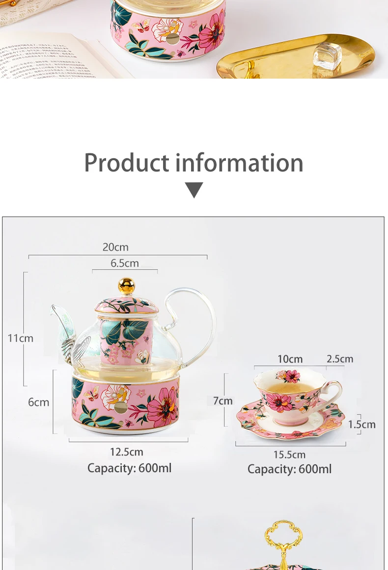 Hot Sell Bone China tea set with tea pot  porcelain 2 tires cake stand ceramic coffee cup and saucer and tea set for party details