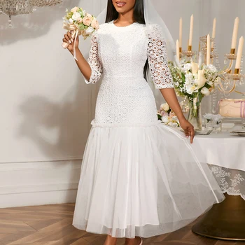 AM050325 Lace Round Neck Girls Club Simple White a Line Long Bridesmaid Dresses Mermaid