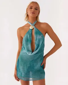 Tie Dye Halter Backless Sexy Mini Dress Women Robe Hollow Out Off-shoulder Sleeveless Beach Club Party Dress Elegant