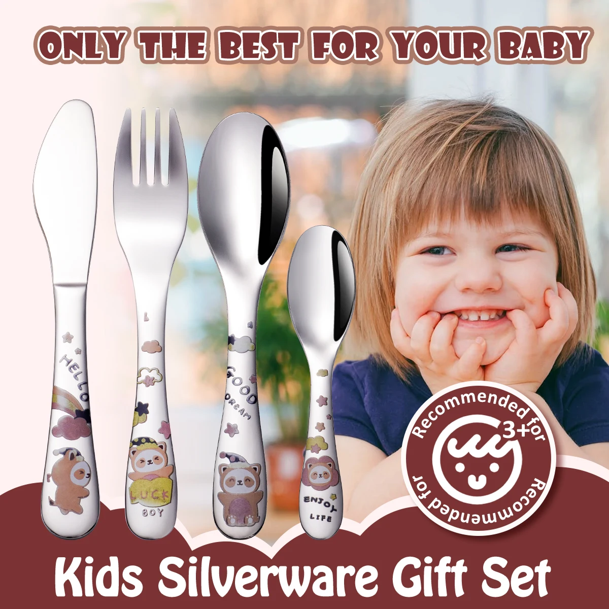 Wholesale Cartoon Stainless Flatware High Quality Custom Kids Knife Fork Spoon Silver Children Cutlery Set