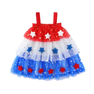 Customizable Summer Girls Patchwork Tutu American Flag Style Gauze Slip Dress