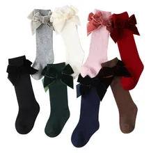 Cute Plain Long Bowknot Crew Custom Cotton Children Girl Socks for Kids Breathable