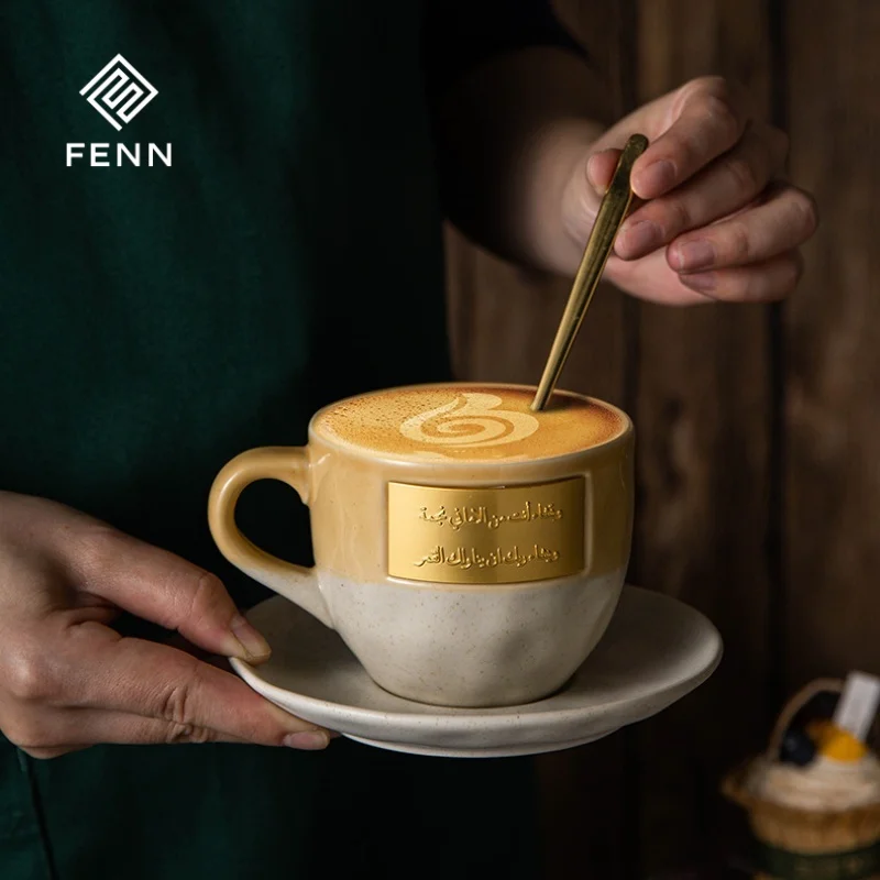 FENN Wholesale Ceramic Espresso Cups Saucer Gift Set Saudi Arabia Custom Arab Coffee Mugs Porcelain Safe Afternoon Tea Gifts