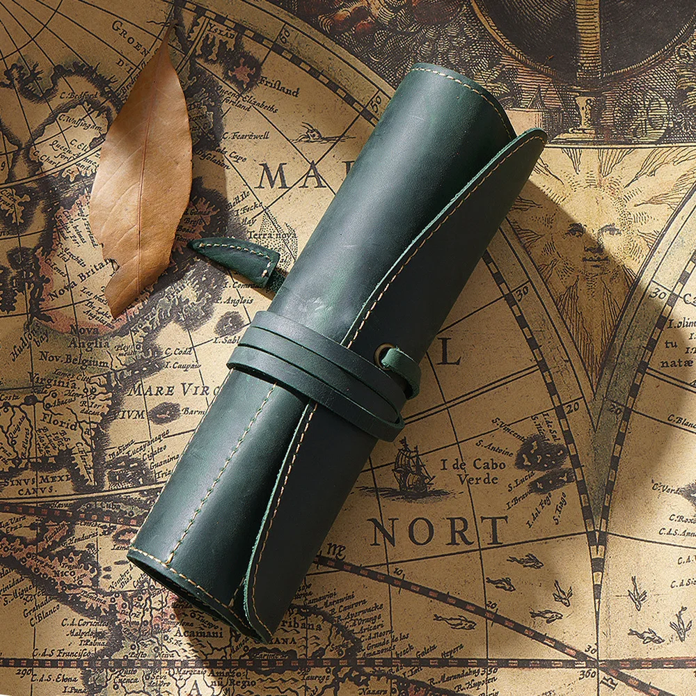 Innovative Top Layer Leather Roll Type Binding Straps Recycled Pouch Pocket Bag Fountain Pen Organizer for Pencils Stationery
