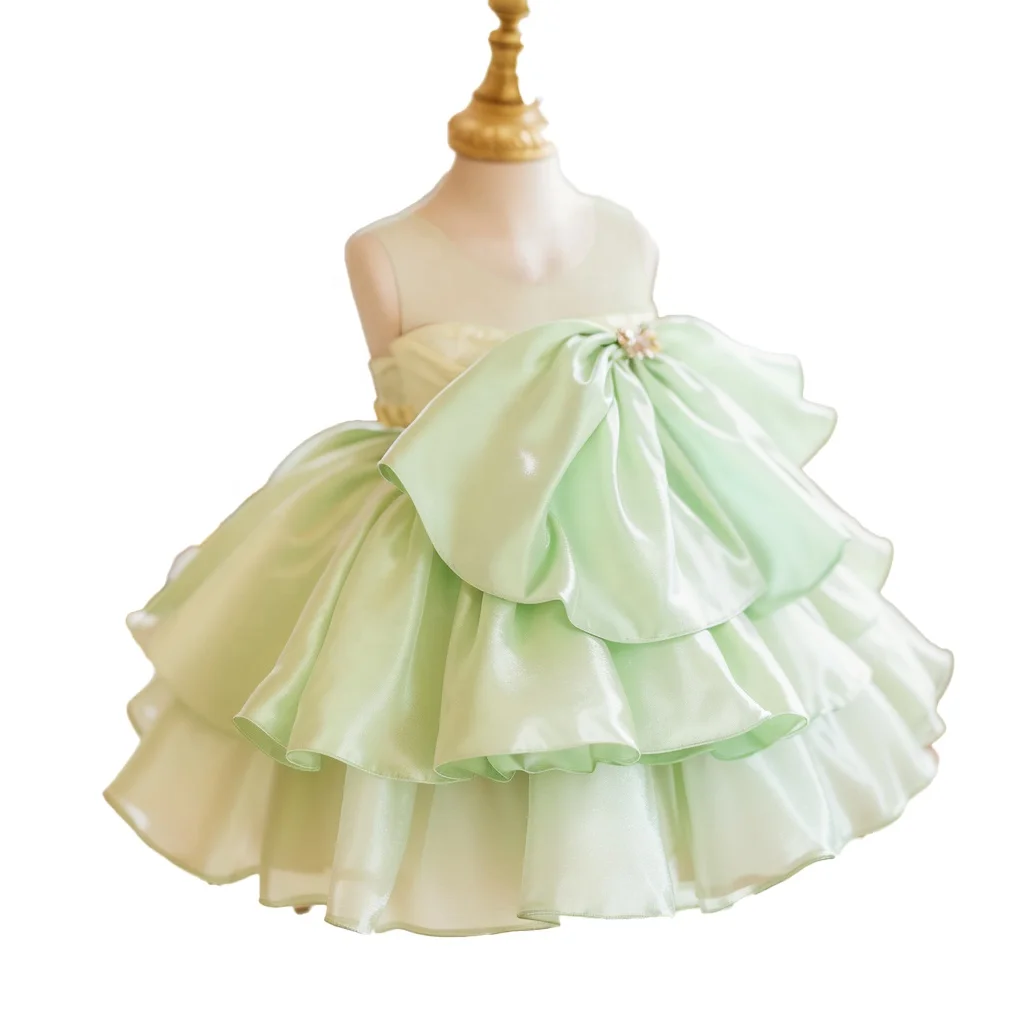 Custom Designed Mint Satin Baby Girl Dress Kids Gorgeous Princess