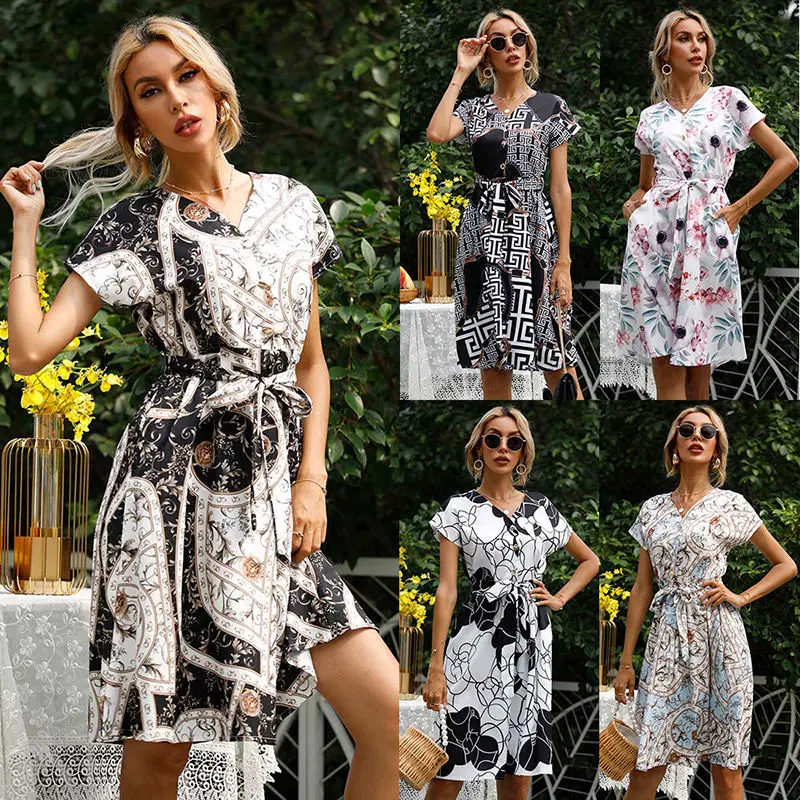 Wholesale Summer Fashion Short Sleeve Long Dress Women Clothing Floral ...