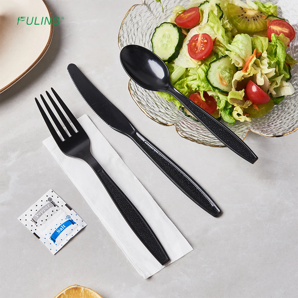 FULING Custom 6 in 1 Heavy Weight Black Wrapped Plastic Cutlery Disposable Spoon Fork Knife Set with Napkin Salt and Pepper Pack
