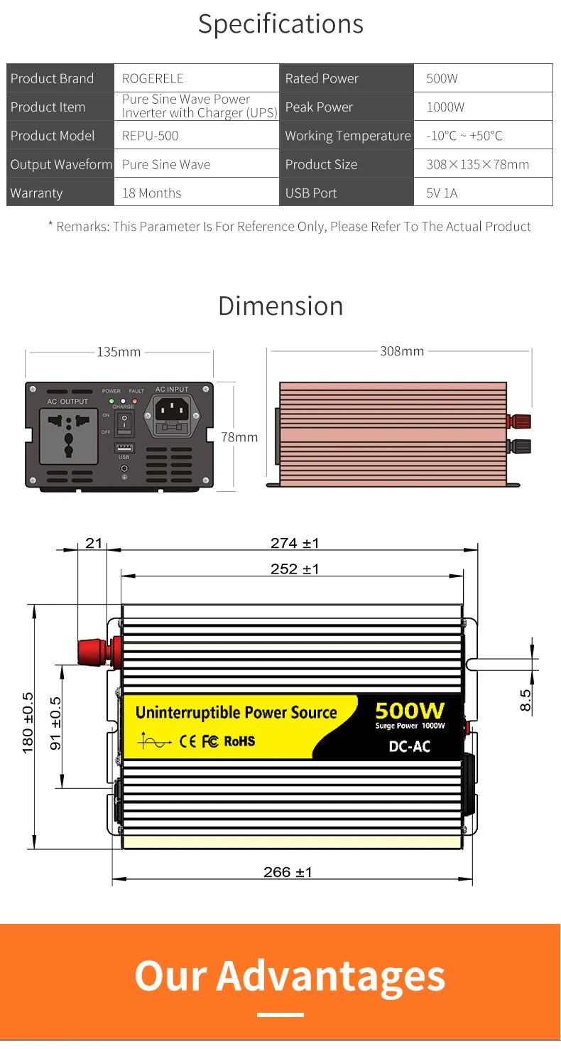500W DC to AC Inverter with Charger - Reliable Power Anywhere