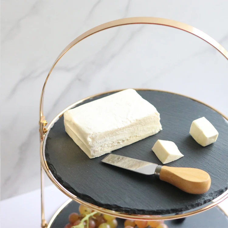 Golden Frame Dessert Display Platter Slate Cheese Board 2 Tiers Wedding Cake Stand