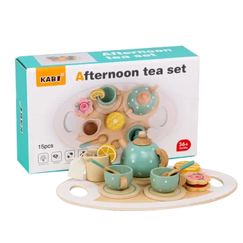 Pretend Play Preschool Wooden Kids Toys Tableware Play Set Afternoon Tea Dessert Cake Sales Tea Pot Cup Wooden Tea Set