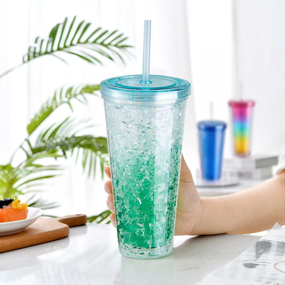 Многоразовые 21 унция/600 мл пластиковые чашки для ледяного геля с крышкой из соломы и прозрачной акриловой кружкой