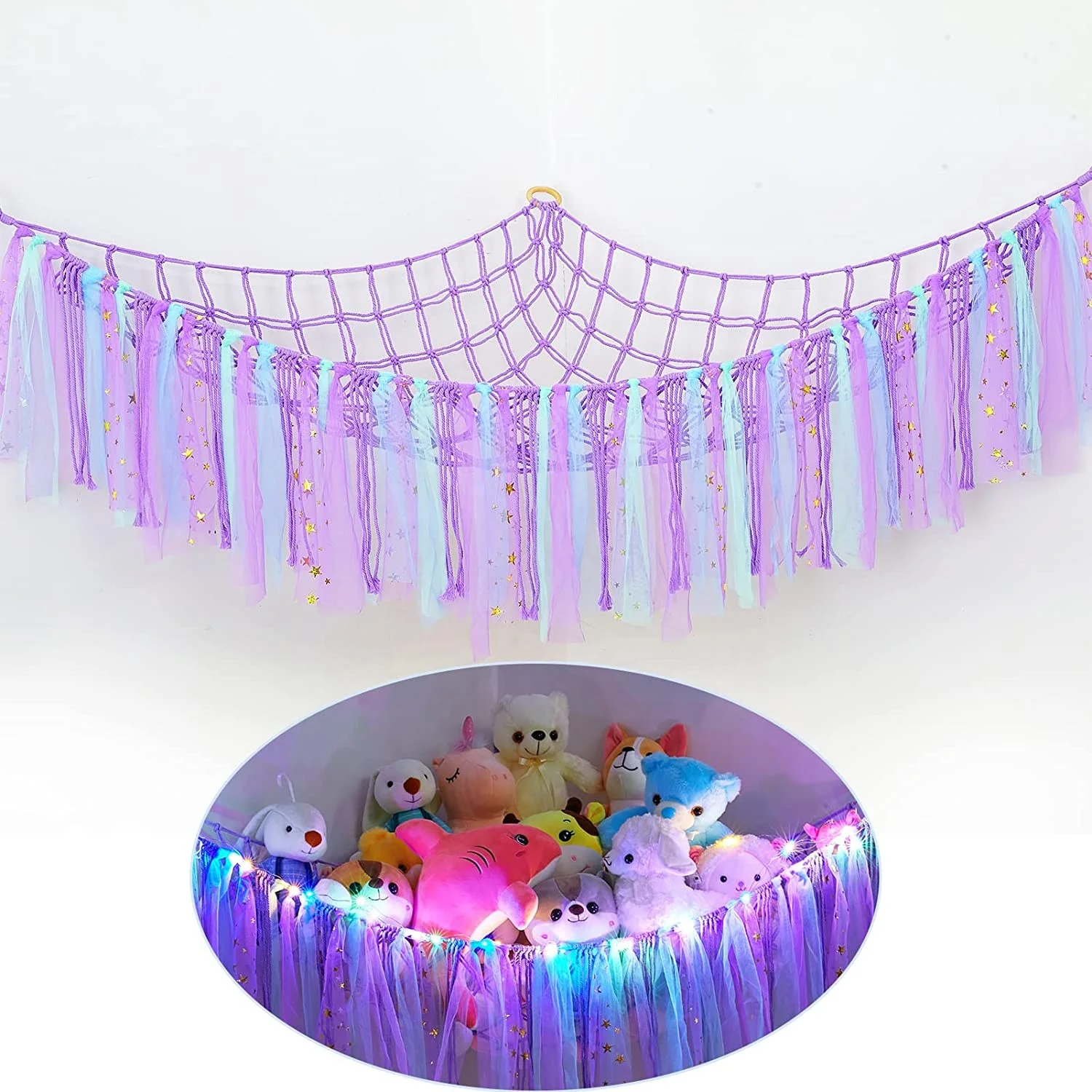 Stuffed Animal Net or Hammock Toy Storage with LED Light Hanging