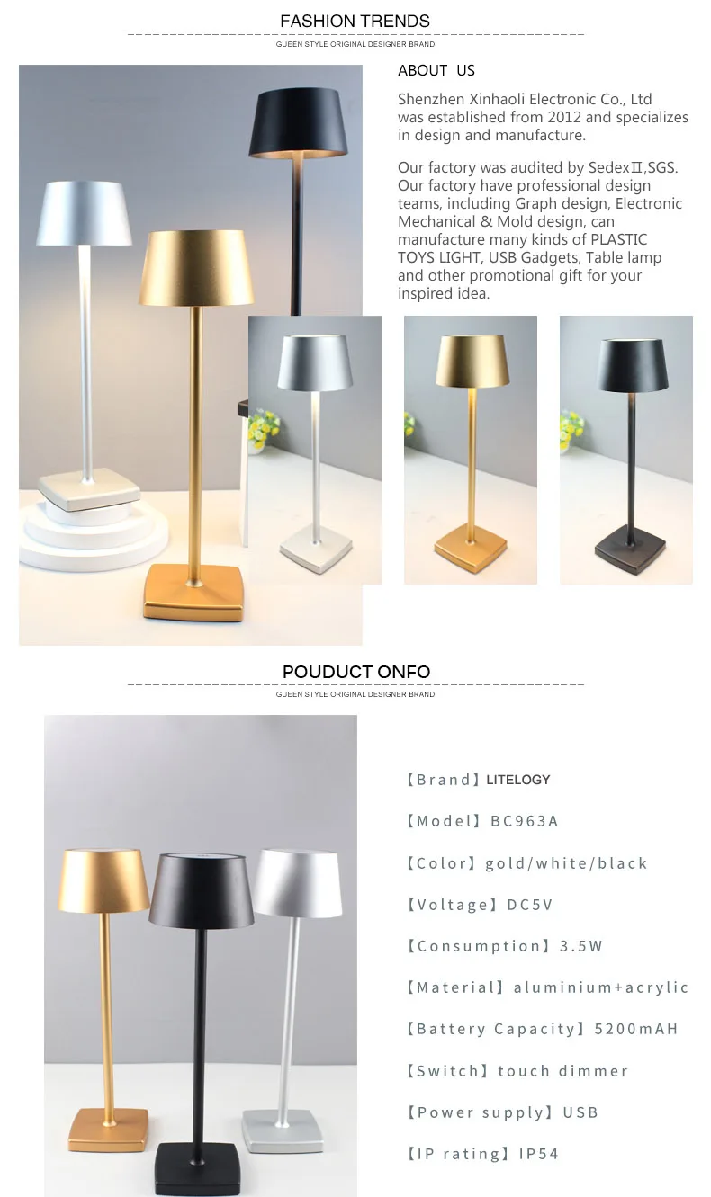 Bar Dining Room Gold Desk Lamp Adjustable Battery Operated Cordless