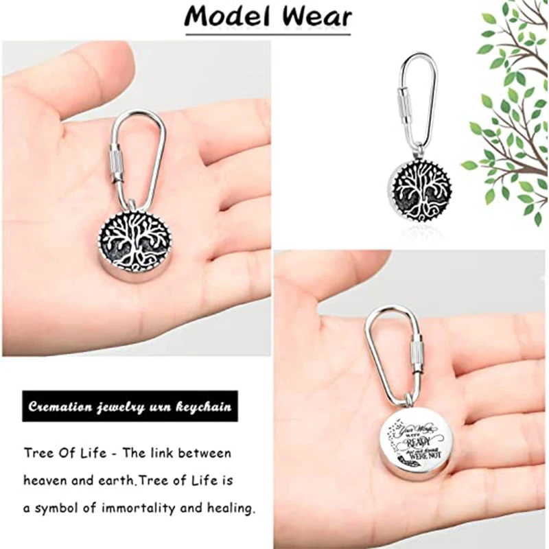Cremation Jewelry Round Urn Keychain for Pet Ashes Stainless Steel Keepsake Urns Tree of Life Pendant Key Ring for Women Men