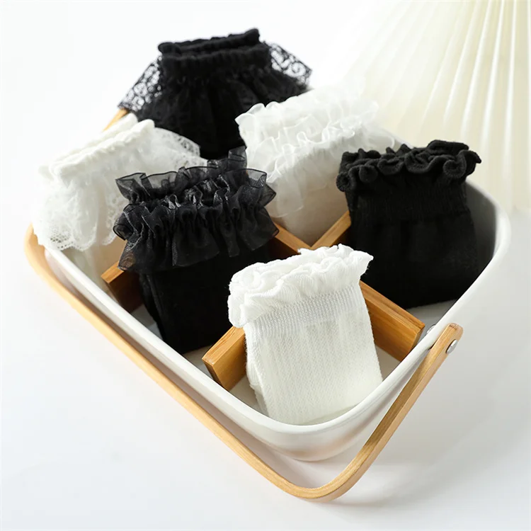 Wholesale Breathable Spring and Autumn Beauty Lace Cotton Socks Kids Pure White Black Girl Sock Cute Princess Baby Socks