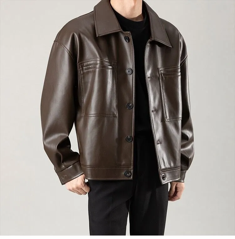 Men's Pu Leather Jacket Vintage Style Loose Fit Spring Autumn_voghion.com