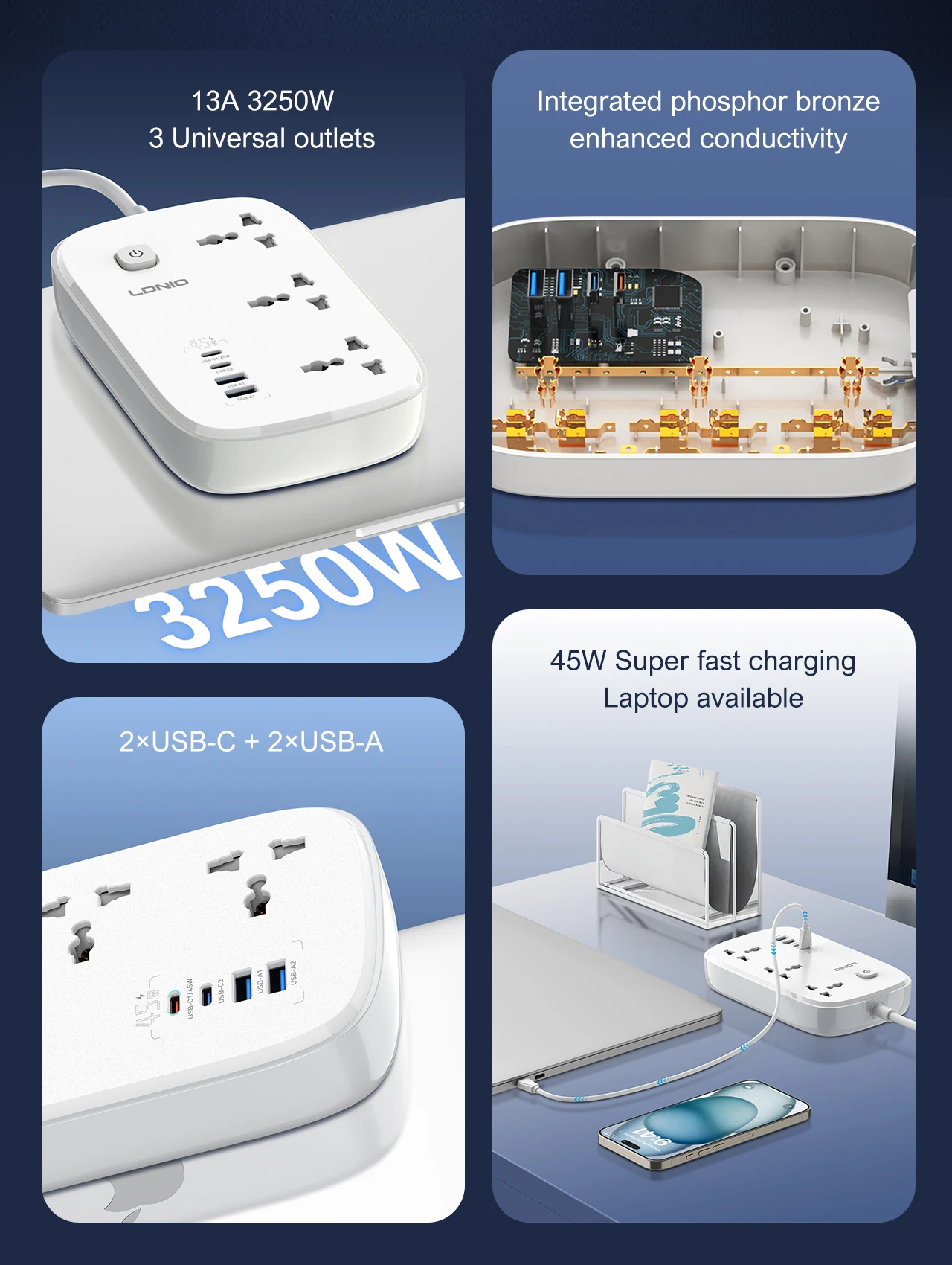 Thiết kế hiện đại 3 khe AC Universal và 4 cổng sạc trên LDNIO SC6