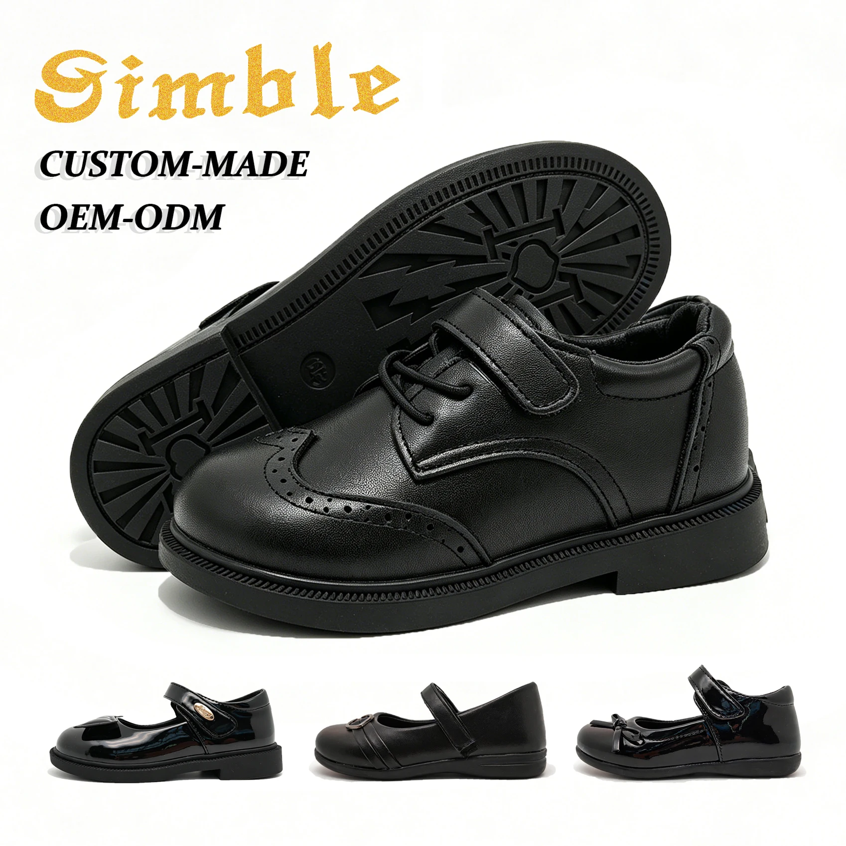 High Quality Kids Back to School Shoes Custom Logo Hard-wearing Matte PU Black Children Student Shoes