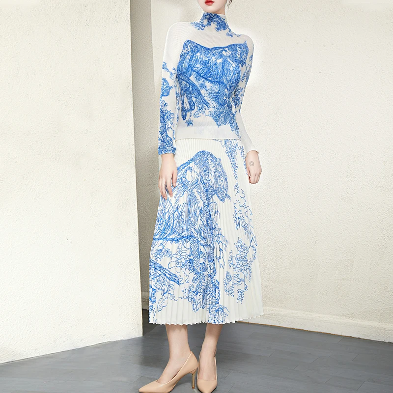 Fast Delivery Factory Outlet High Quality Sets Pleat Long Sleeve Top and Printed Long Pleated Skirt Two Piece Sets