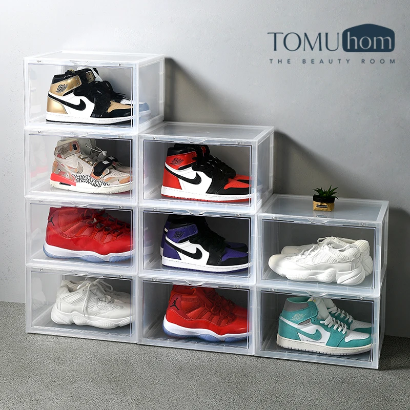 TOP Custom Stackable Container Dustproof Acrylic Shoe Storage Box Transparent Display Case Shoes Plastic Sneaker Box  with logo
