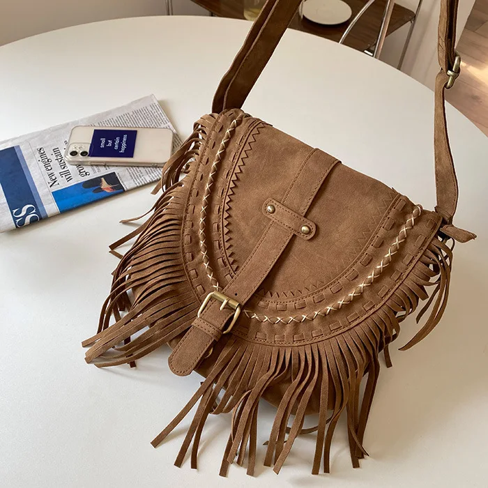 Womens Faux Leather Fringe Bohemian Tassel Shoulder Cross Body Bag