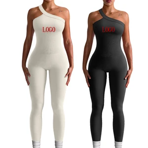 New Arrival Activewear Fitness Workout Yoga Wear for Women Bodysuit One Shoulder Ribbed Jumpsuit