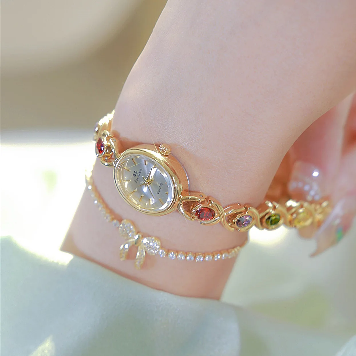2024 New Hot-Selling Waterproof Trend Oval Color Treasure Rainbow Alloy  Watch for Women Light Luxury Party Jewelry Gifts
