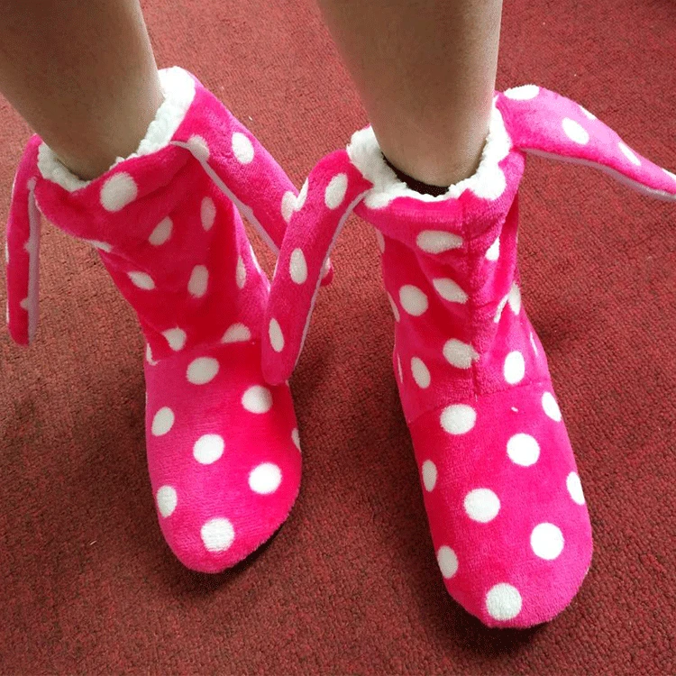 Новинка, домашние сапоги из ПВХ с кроличьими ушками для взрослых, Нескользящие домашние теплые плюшевые сапоги в горошек, обувь для раннего развития