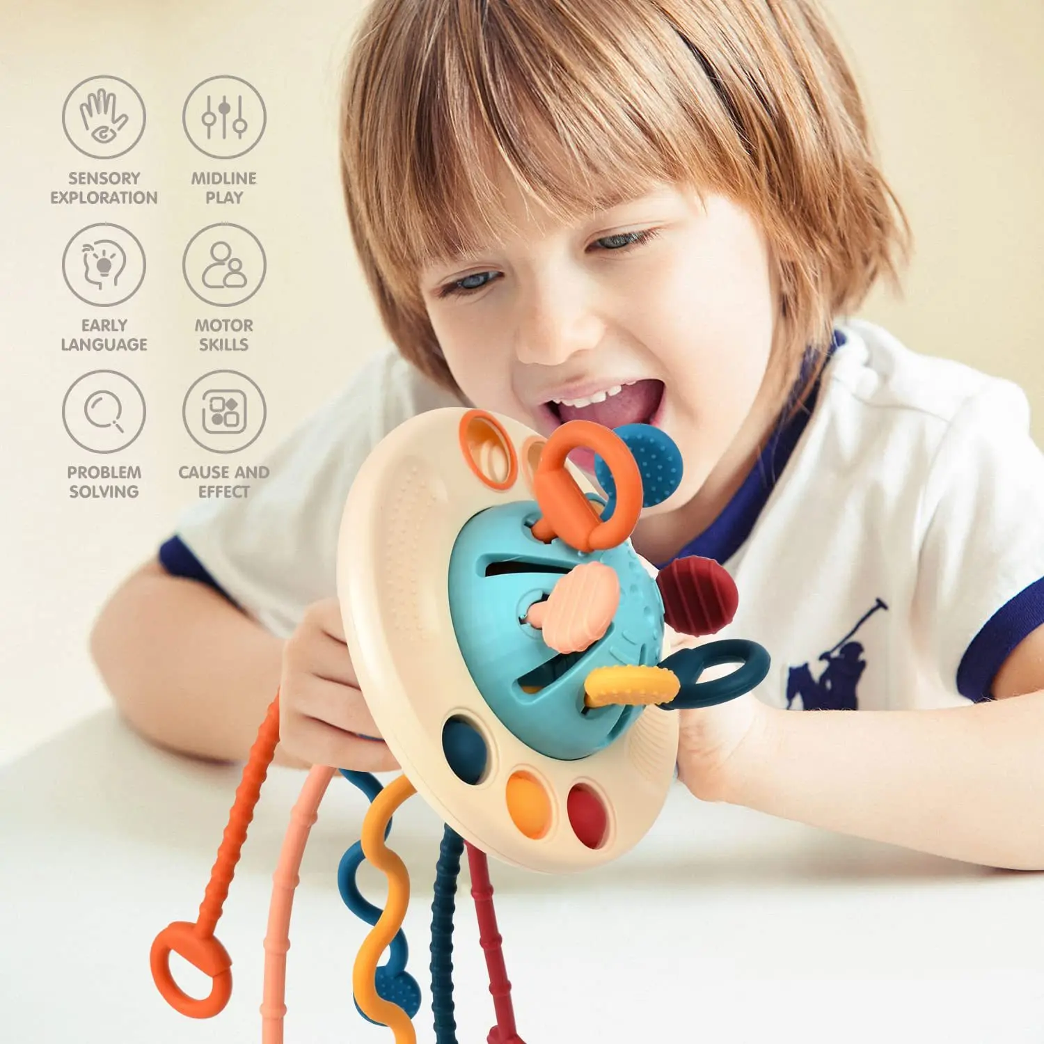 Baby Sensory Montessori Silicone Toy Travel Pull String Toy Multi