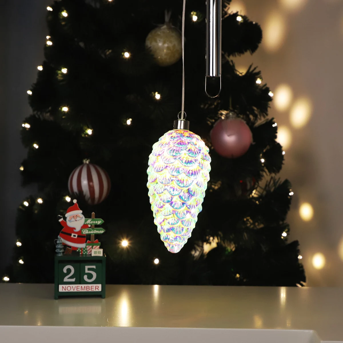 best selling christmas products led glitter painted pine cones for crafts hanging pinecone decoration