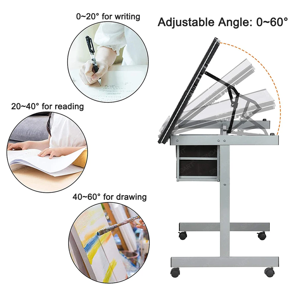 SINOART High Quality Transparent Glass Top Height Adjustable Drawing Table Drafting Table  for School Home Furniture