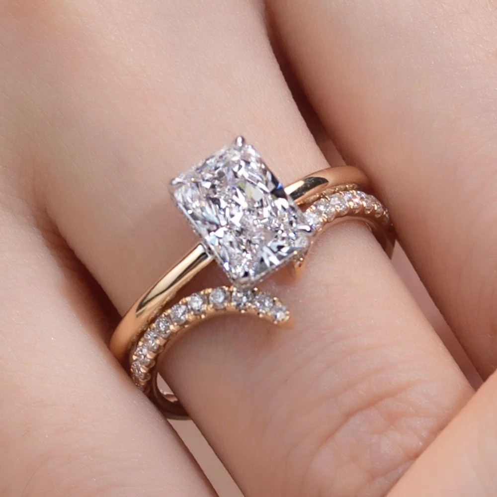 Custom Jewelry 18K Solid Gold 2ct Radiant Diamond Wedding Ring Set Diamond Jewellery Stackable Lab Grown Diamond Rings