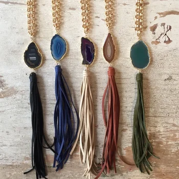 LS-D3978 Wholesale Handmade Boho Fashion Jewelry Gold Plated Chain Agate Slice Pendant Leather Tassel Necklaces