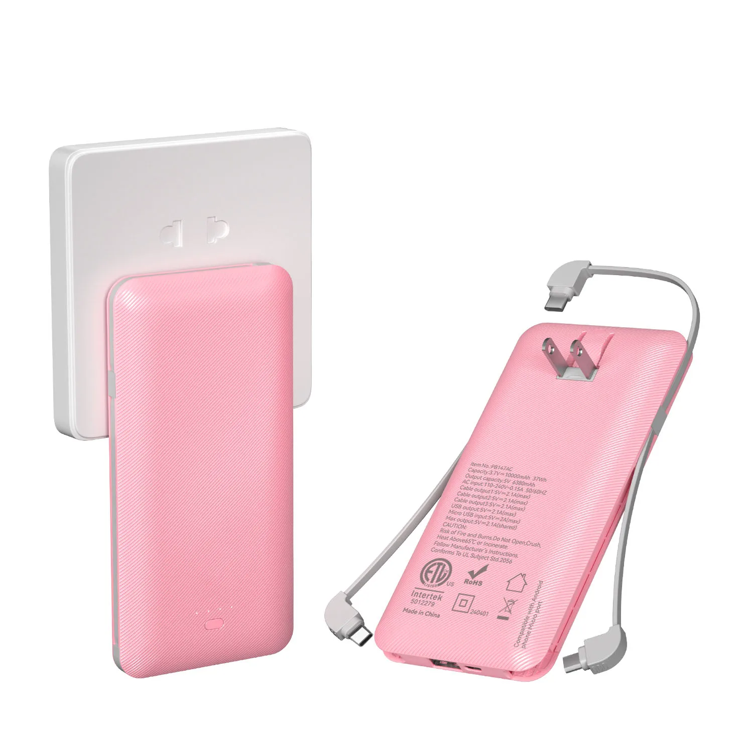 PD20W Power Bank 10000mAh Built-in Folding AC Plug, Portable Multi-Port Power Bank with 3 Cables, Black White Blue Pink PB147AC