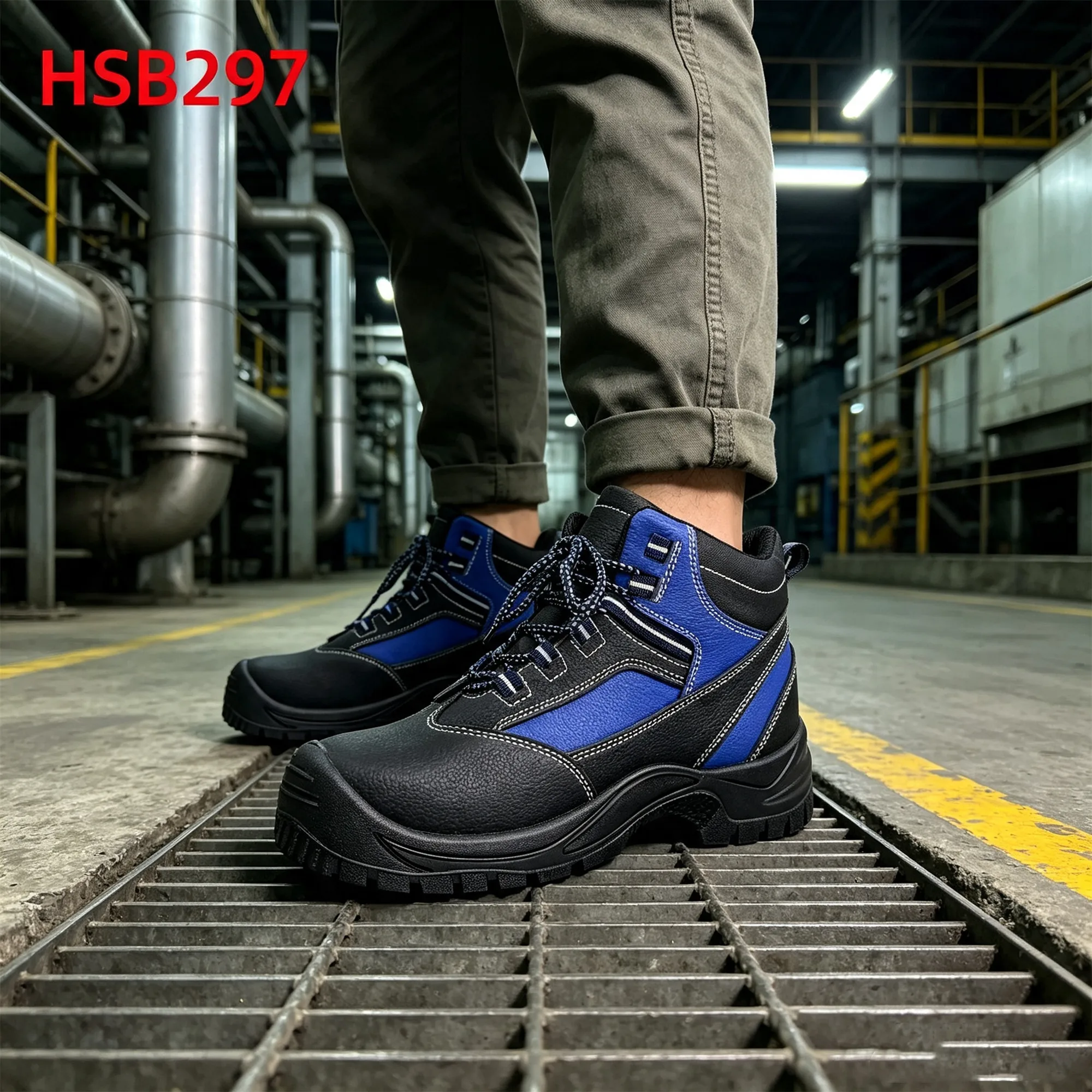 ZYF,Guardrail Repair Cotton Eyelet Blue&black Hua Singh Safety Shoes Georgia Scratch Guard Embossed Leather Work Boots HSB297